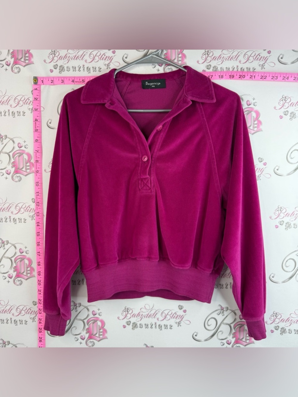 Regency sweater collared soft Velour Polo Sweatshirt in Deep Magenta